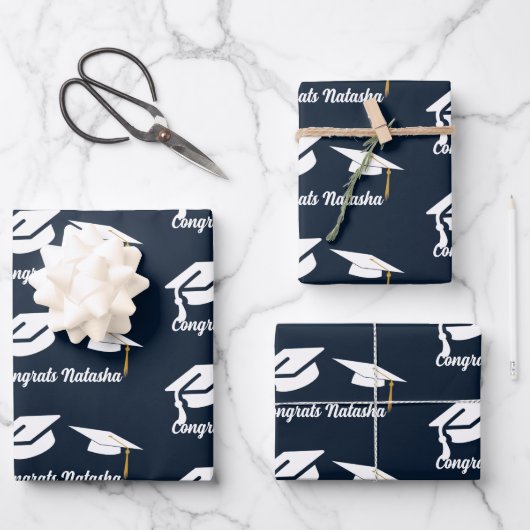 Herzlichen Glückwunsch Navy Blue Abschluss feiern Geschenkpapier Set (Vorderseite)