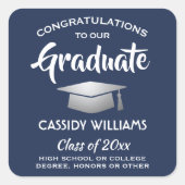 Herzlichen Glückwunsch Navy Blue und White Abschlu Quadratischer Aufkleber (Vorderseite)