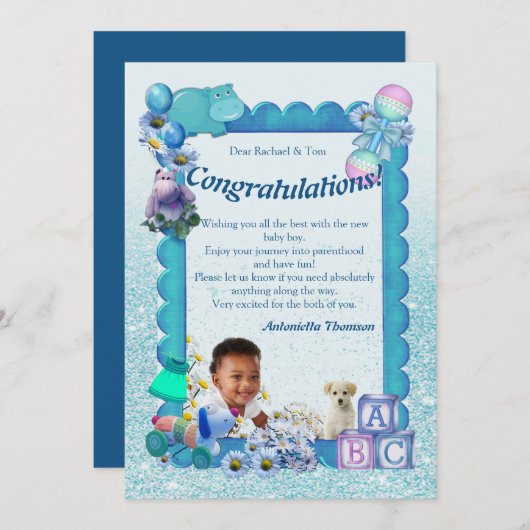 Herzlichen Glückwunsch Neue BLUE Baby Boy Card Dankeskarte (Vorne/Hinten)