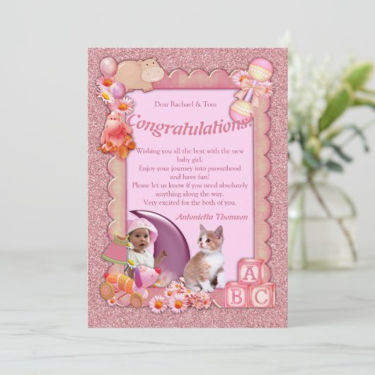 Herzlichen Glückwunsch Neue Pink-Rose-Girl-Card Dankeskarte (Stehend Vorderseite)