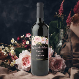 Herzlichen Glückwunsch Rosa Schwarz + Gold Aquarel Weinetikett