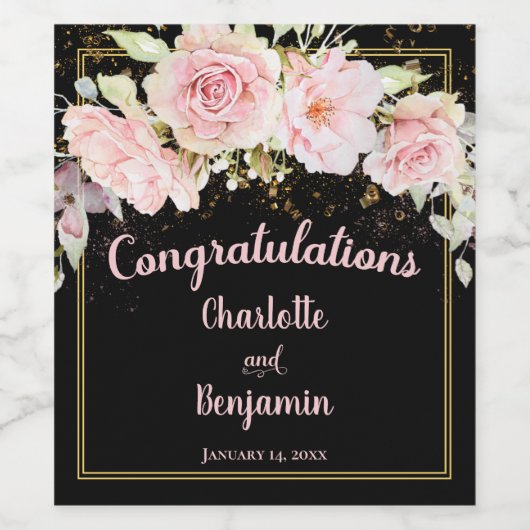 Herzlichen Glückwunsch Rosa Schwarz + Gold Aquarel Weinetikett (Einzelnes Label)