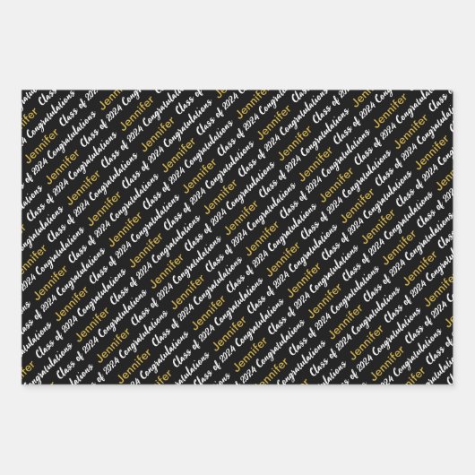 Herzlichen Glückwunsch Schwarz-weiß Goldname Class Geschenkpapier Set (Vorderseite)