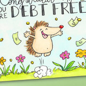 Herzlichen Glückwunsch! Sie sind Schulden frei. Po Postkarte