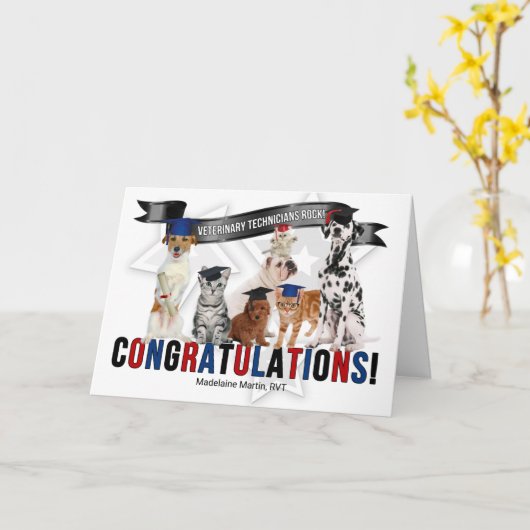 Herzlichen Glückwunsch Vet Tech Graduate Cats and Karte (Gelbe Blume)