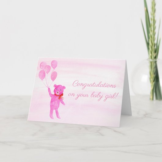 Herzlichen Glückwunsch Watercolor Pink Teddy Bear Karte (Vorderseite)