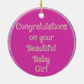 Herzlichen Glückwunsch zu Baby Girl Pink Lila Keramik Ornament (Hinten)
