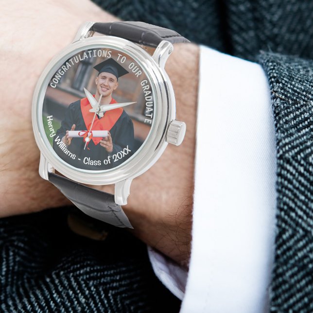 Herzlichen Glückwunsch zum Foto "Keepake" Armbanduhr (An elegant watch to celebrate a graduation, with custom photo, name and year)