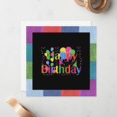 Herzlichen Glückwunsch zum Geburtstag, buntes Part Mitteilungskarte (Vorderseite/Rückseite Beispiel)
