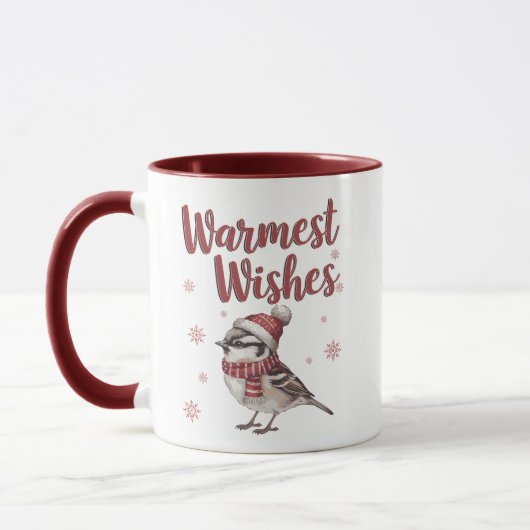 Herzlichste Grüße – Gemütlicher Wintervogel Tasse (Links)