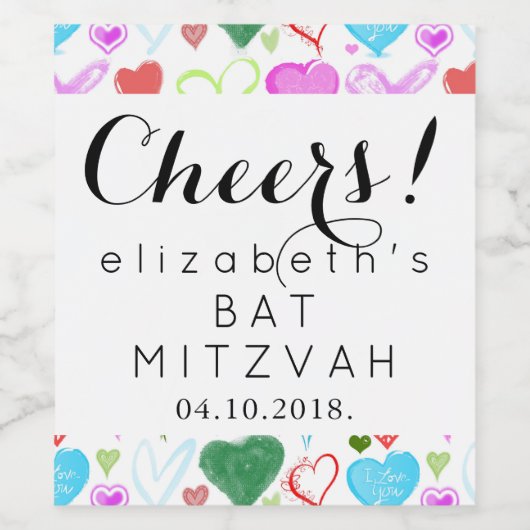 Herzmuster, farbenfrohe Herzen, Bat Mitzah Weinetikett (Einzelnes Label)