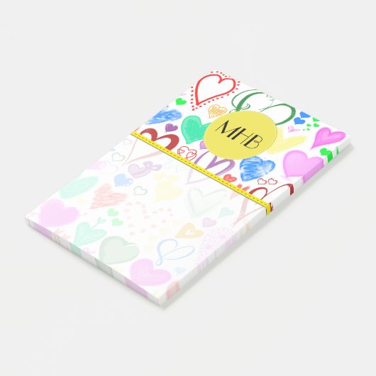 Herzmuster, farbenfrohe Herzen, Monogramm Post-it Klebezettel (angewinkelt)