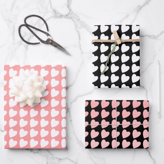 Herzmuster in Schwarz, Weiß und Rosa Geschenkpapier Set (Vorderseite)