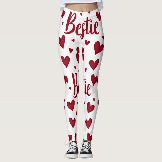 Herzmuster mit "Bestie"-Text in kursiv roter Schri Leggings (Vorderseite)