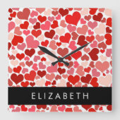 Herzmuster, rote Herzen, Liebe, Ihr Name Quadratische Wanduhr (Vorderseite)