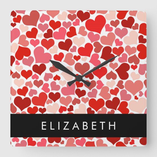 Herzmuster, rote Herzen, Liebe, Ihr Name Quadratische Wanduhr (Vorderseite)