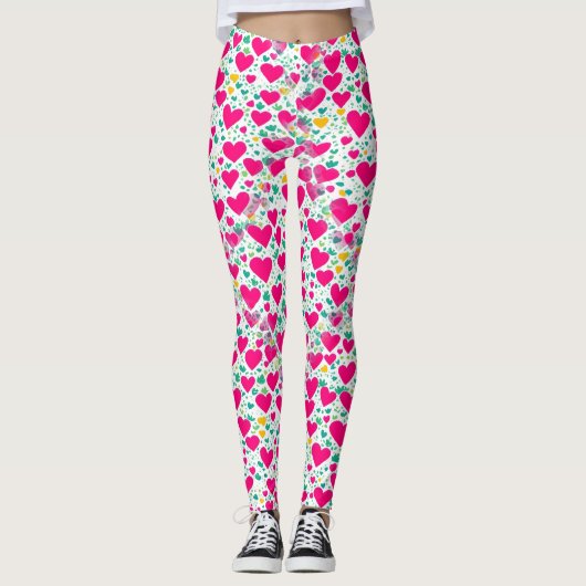 Herzmuster und grüne Blätter Leggings (Vorderseite)