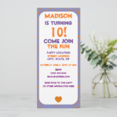 Herzorange Lila Quadrate Kreise Punkte Geburtstag Einladung (Stehend Vorderseite)