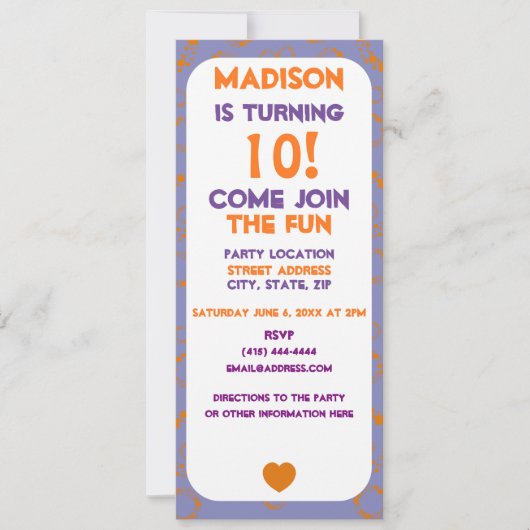 Herzorange Lila Quadrate Kreise Punkte Geburtstag Einladung (Vorderseite)