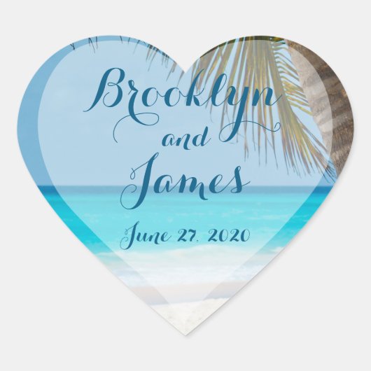 Herzpalmenbäume am Strand Hochzeitsticker Herz-Aufkleber (Vorderseite)