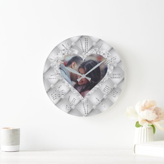 Herzrahmen Foto Weiß & Silber Diamanten Große Wanduhr (Zuhause)