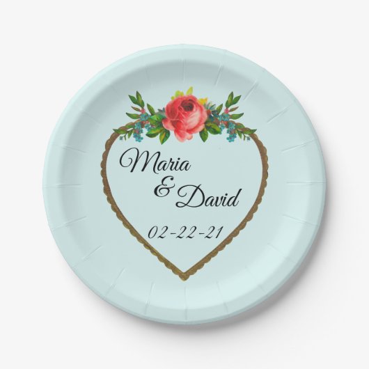 Herzrahmen mit Aquarellfarben-Rose Pappteller (Vorderseite)