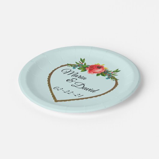 Herzrahmen mit Aquarellfarben-Rose Pappteller (Schrägansicht)