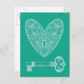Herzschlag und Schlüssel zum grünen Hintergrund Postkarte (Vorne/Hinten)