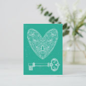 Herzschlag und Schlüssel zum grünen Hintergrund Postkarte (Stehend Vorderseite)