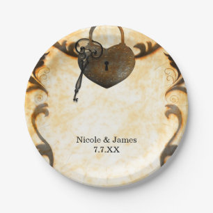 Herzschloss & Schlüssel Vintage Antike Hochzeitspl Pappteller