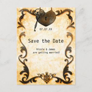Herzschloss & Schlüssel Vintage Save The Date Post Ankündigungspostkarte