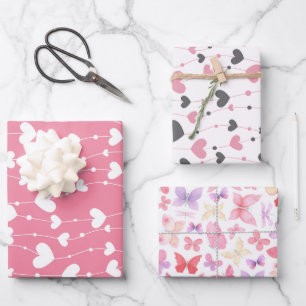 Herzschmetterlinge Rosa Weiß Grau Geschenkpapier Set