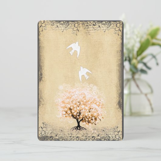 Herzstück Leaf Coral Tree Dove Love Bird Hochzeite Einladung (Stehend Vorderseite)