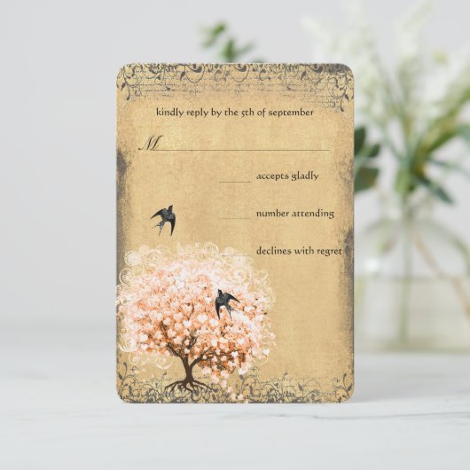 Herzstück Leaf Coral Tree Love Bird Wedding RSVP (Stehend Vorderseite)