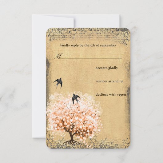 Herzstück Leaf Coral Tree Love Bird Wedding RSVP Karte (Vorderseite)