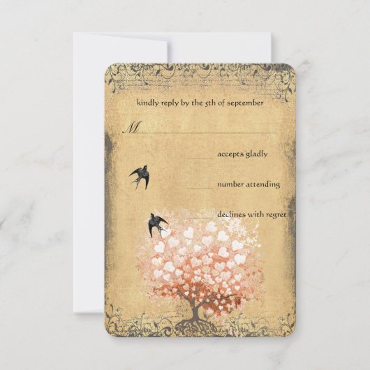 Herzstück Leaf Coral Tree Love Bird Wedding RSVP Karte (Vorderseite)