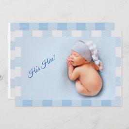 He's Here|Baby Boy Blue Gingham Modern Birth Ankündigung