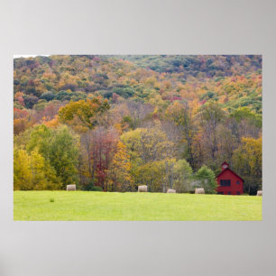 Heuballen und Herbstlaub auf einer Farm in Poster