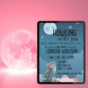 Heulend vor Freude, rosa Wolfsbabyparty Einladung