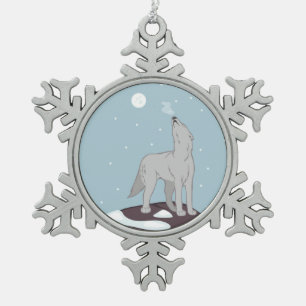 Heulender Arktischer Wolf Schneeflocken Zinn-Ornament