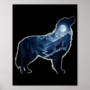Heulender Hund mondbeschienener Bergwald Silhouett Poster