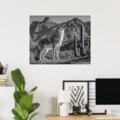 Heulender Kojote in Wüstenlandschaft Poster (Heimbüro)