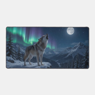 Heulender Wolf bei Vollmond, Nordlichter Schreibtischunterlage
