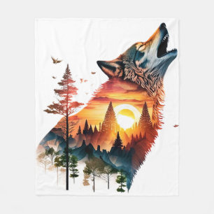 Heulender Wolf Doppelbelichtung Sonnenuntergang Fleecedecke