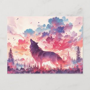 Heulender Wolf im rosa Sonnenuntergangswald Postkarte