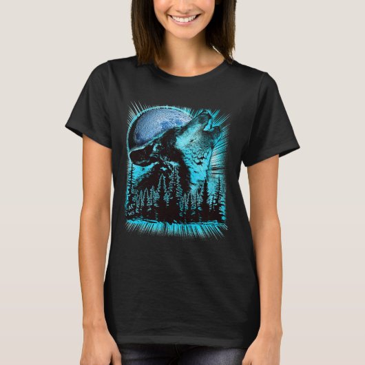 Heulender Wolf Mond Kiefernwald Cool T-Shirt (Vorderseite)