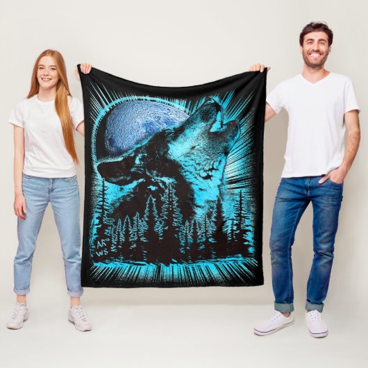 Heulender Wolf Mond Kiefernwald Kunst Fleecedecke (Beispiel)
