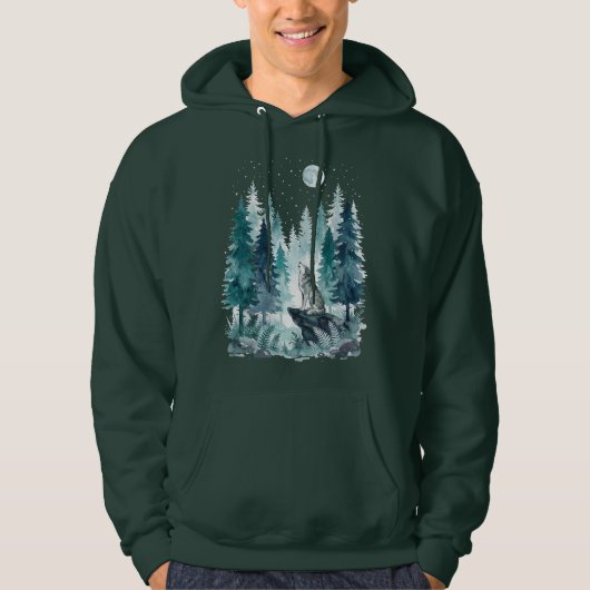 Heulender Wolf Mondbegloster Wald Hoodie (Vorderseite)