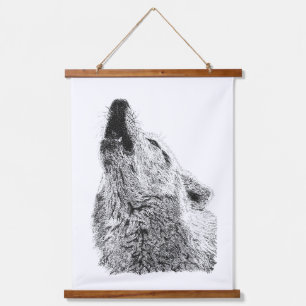 Heulender Wolf Pointillismus-Wildnisporträt-Design Wandteppich Mit Holzrahmen