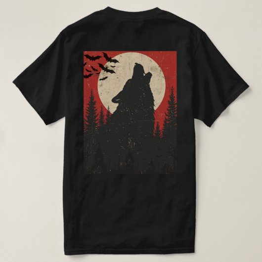 Heulender Wolf Vollmond Retro-Horror-Druck T-Shirt (Design Rückseite)